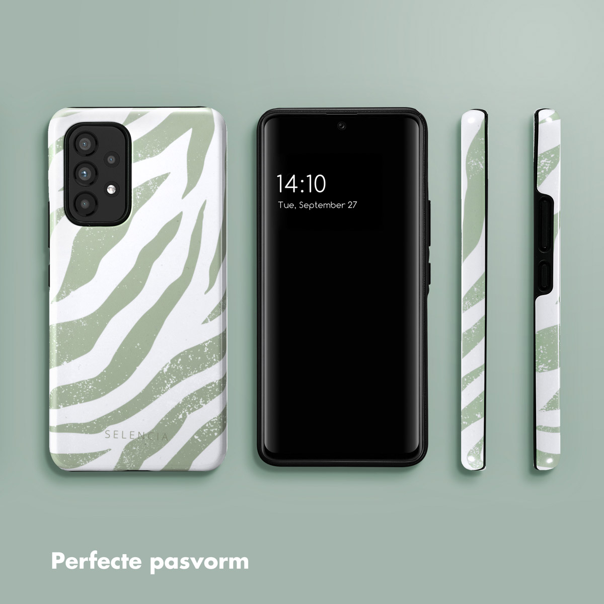 Coque avec motif à rayures zébrées vertes et blanches. Téléphone avec écran noir. Côtés de la coque montrés.