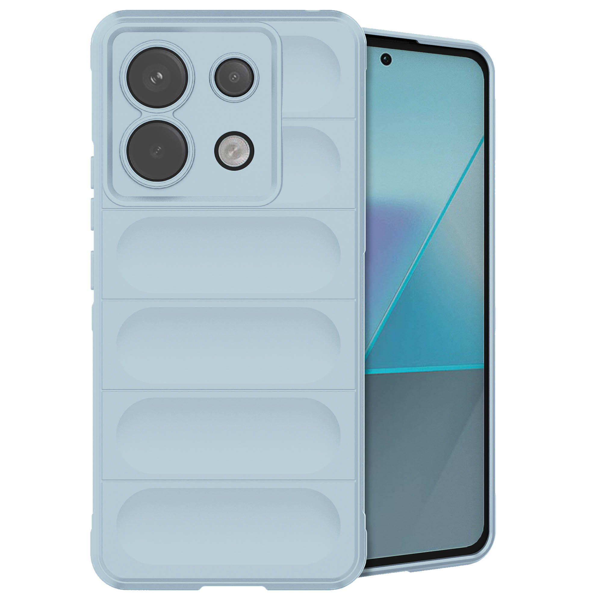 Telefoonhoesje met een blauw ontwerp. De telefoon staat rechtop. De achtergrond is wit.