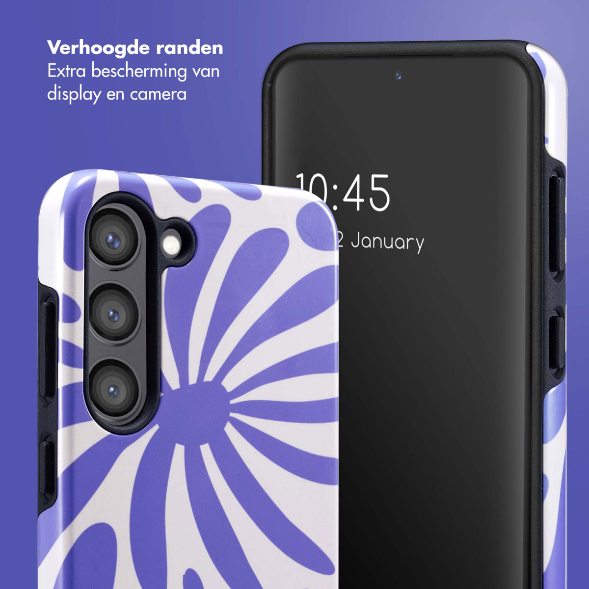 Coque de téléphone avec motif de fleurs violettes et blanches. Le téléphone affiche la date du 2 janvier. Le fond est violet.