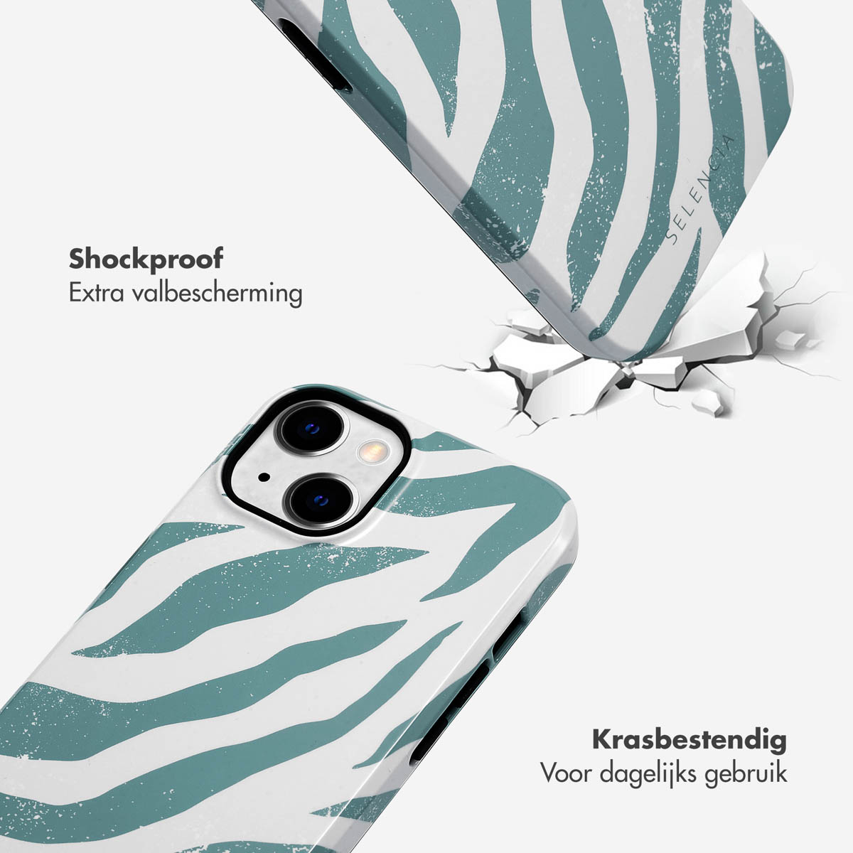 Witte telefoonhoes met een blauw-groen zebra streepjespatroon. Telefoon valt, scheuren verschijnen.