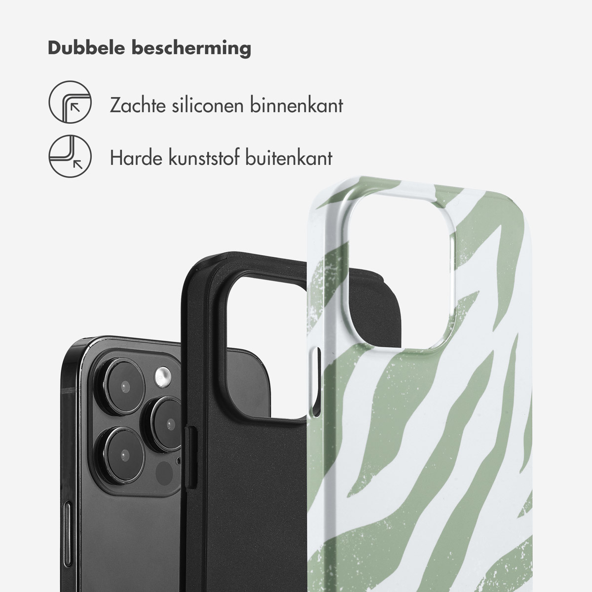 Un téléphone noir avec un étui transparent à motif zèbre vert.