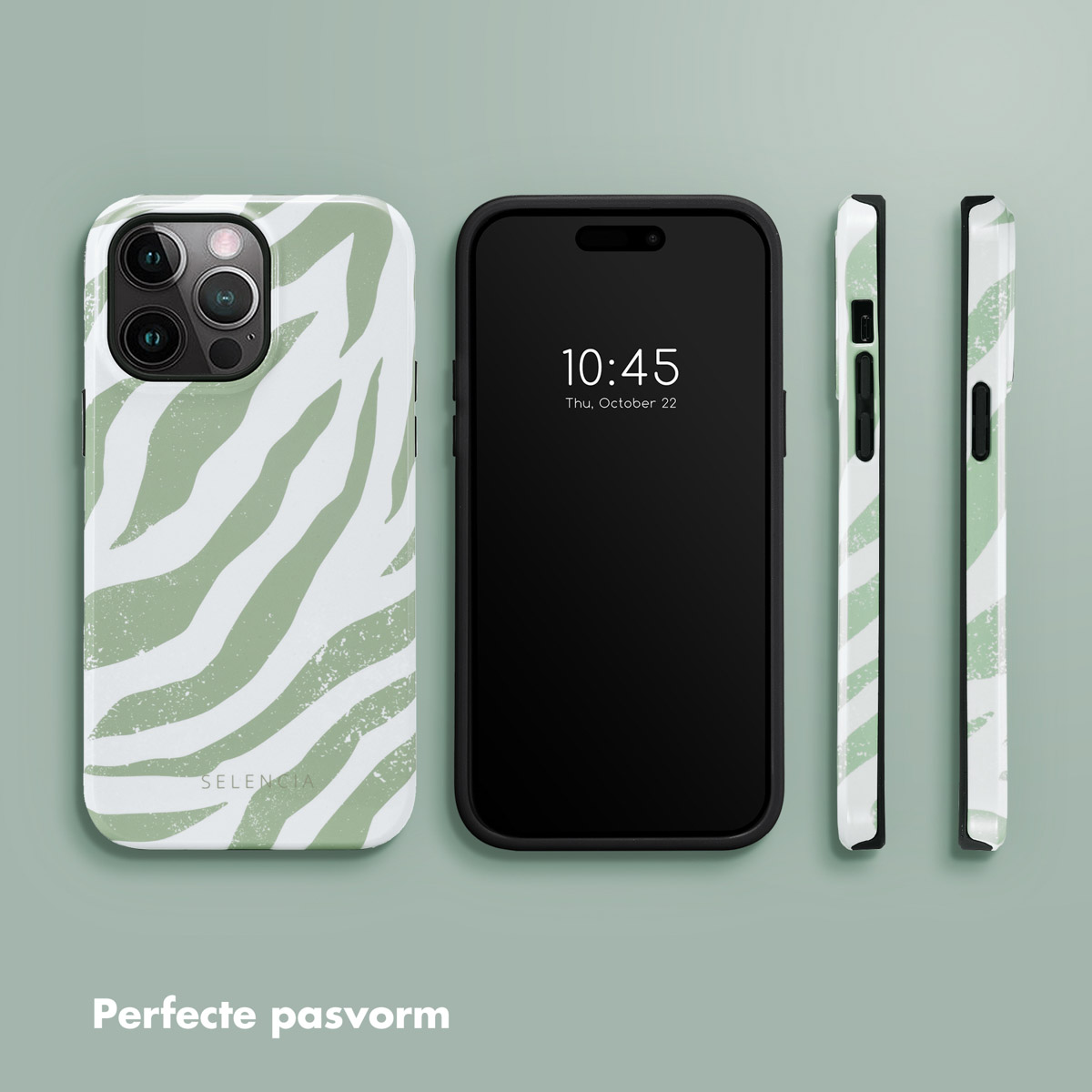 Un téléphone noir avec des coques de téléphone à imprimé zèbre vert et blanc. Le téléphone affiche l'heure : 10h45, 22 octobre.