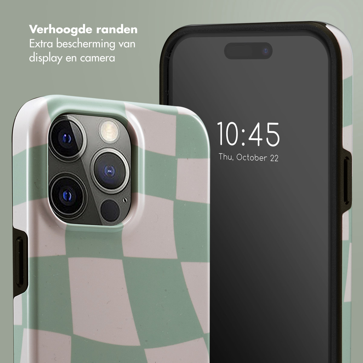 Twee smartphones, één in een geruite groen-witte case, de andere met een zwart scherm waarop de tijd, 10:45, en de datum staan.