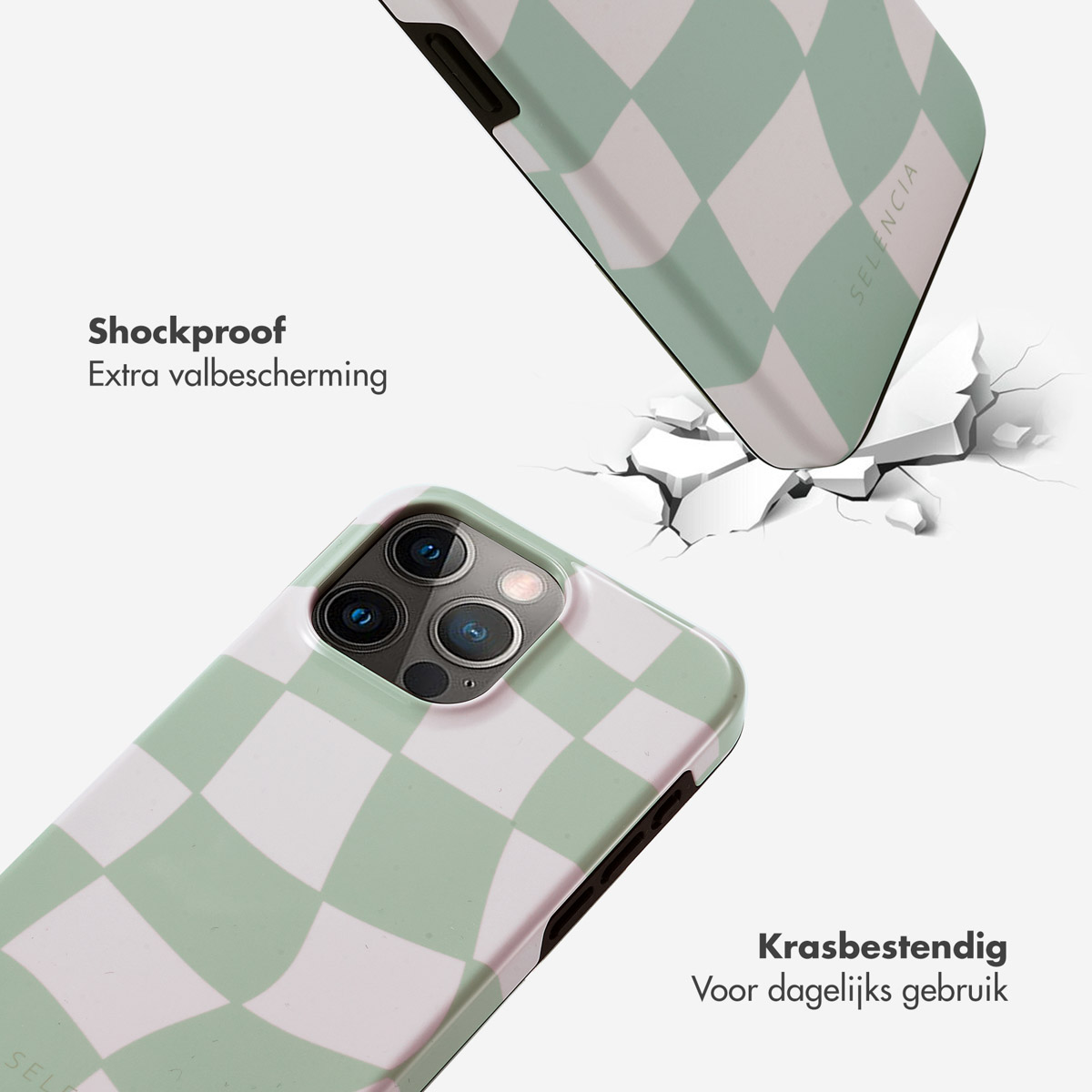 Twee telefoonhoesjes met een groen en wit dambordpatroon. Eén hoesje breekt een oppervlak. Tekst: 'Schokbestendig'.