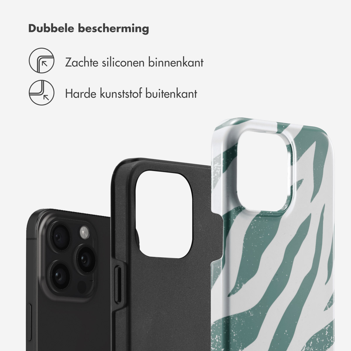 Telefooncase-onderdelen: zwarte binnenkant, zwarte middenkant en wit-groene zebraprint buitenkant. Tekst: Dubbele bescherming.