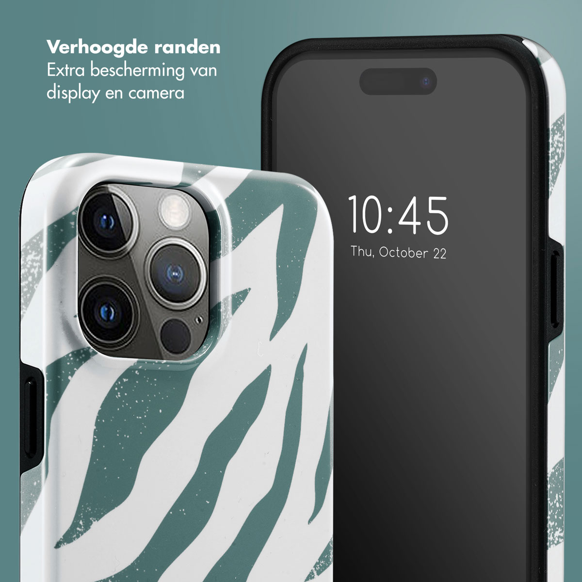 Telefoon met zebrahoesje, naast een andere telefoon. Hoesjes hebben een groen-wit patroon.