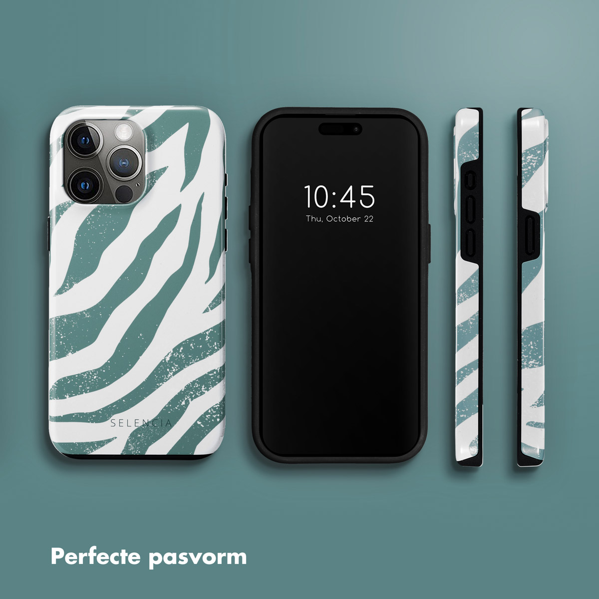 Telefoonhoes met witte en teal zebra strepen. Telefoon zit erin.