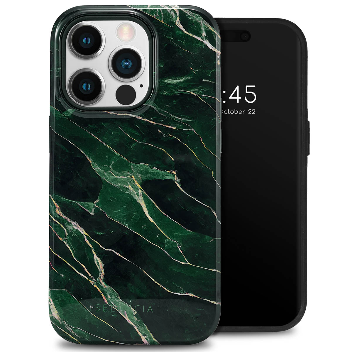 Coque de téléphone en marbre vert avec des veines dorées, à côté d'un téléphone noir affichant l'heure. La coque couvre le téléphone.