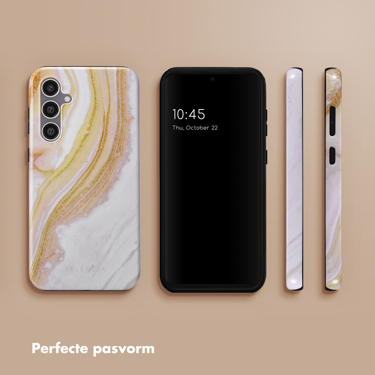 Telefoonhoesjes met marmer- en goud design. Een telefoon toont 10:45, donderdag 22 oktober. De achtergrond is beige.