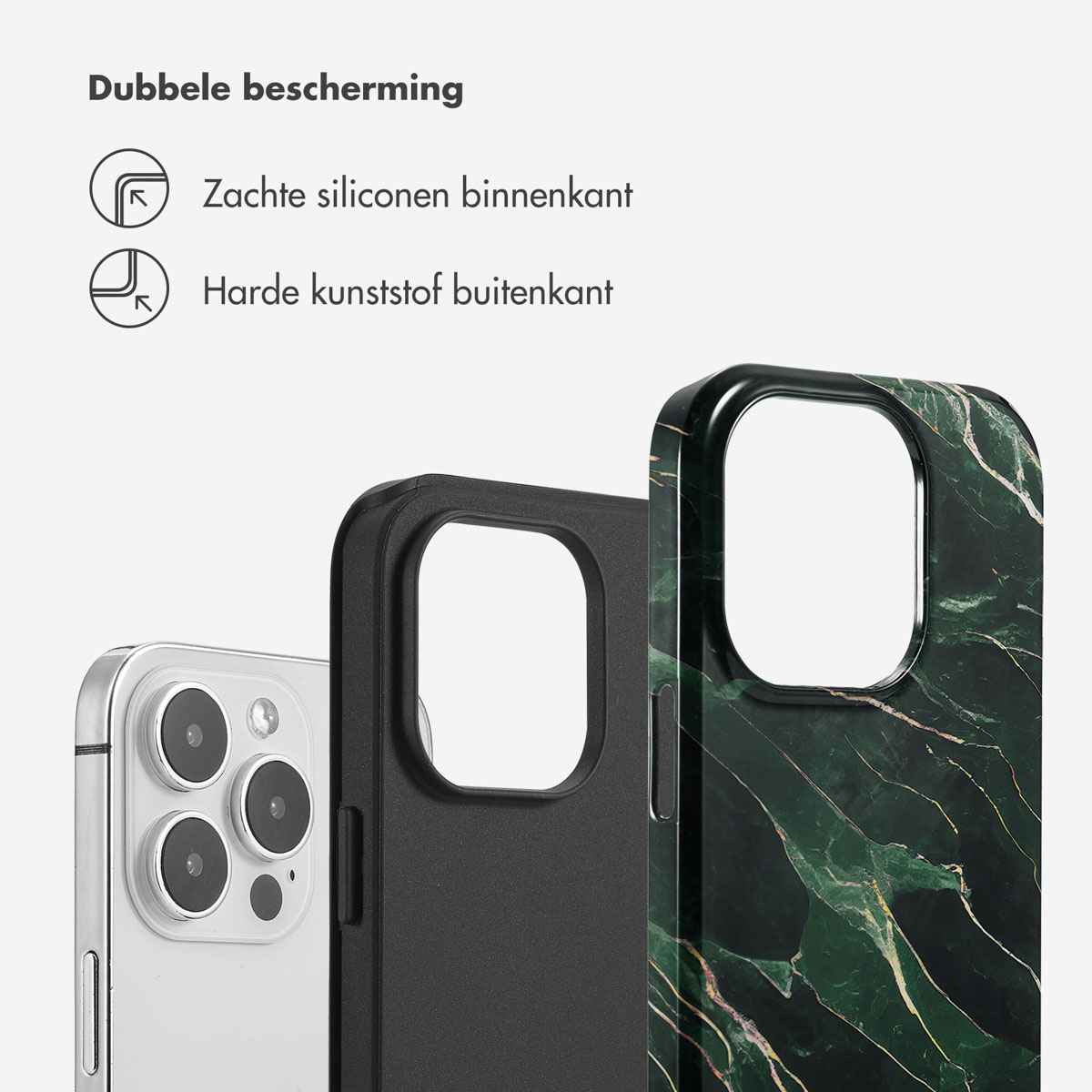 Téléphone et coques, montrant la conception à double protection. Fond blanc.