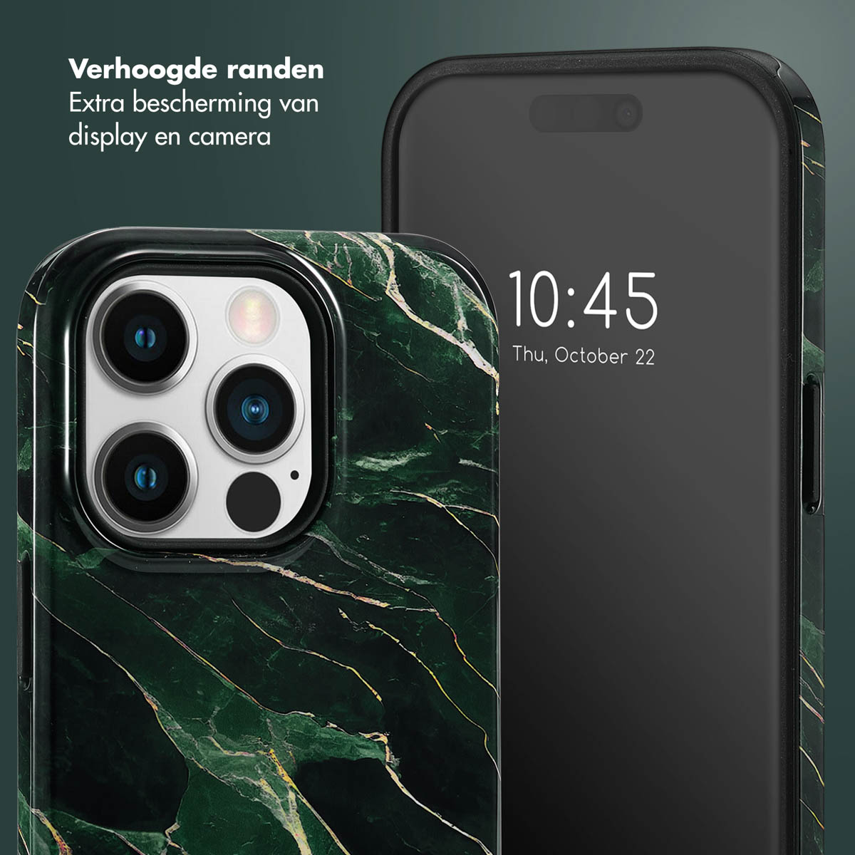 Téléphone dans un étui en marbre vert; le téléphone noir affiche l'heure. Texte : Protection renforcée, protection supplémentaire de l'écran et de la caméra.