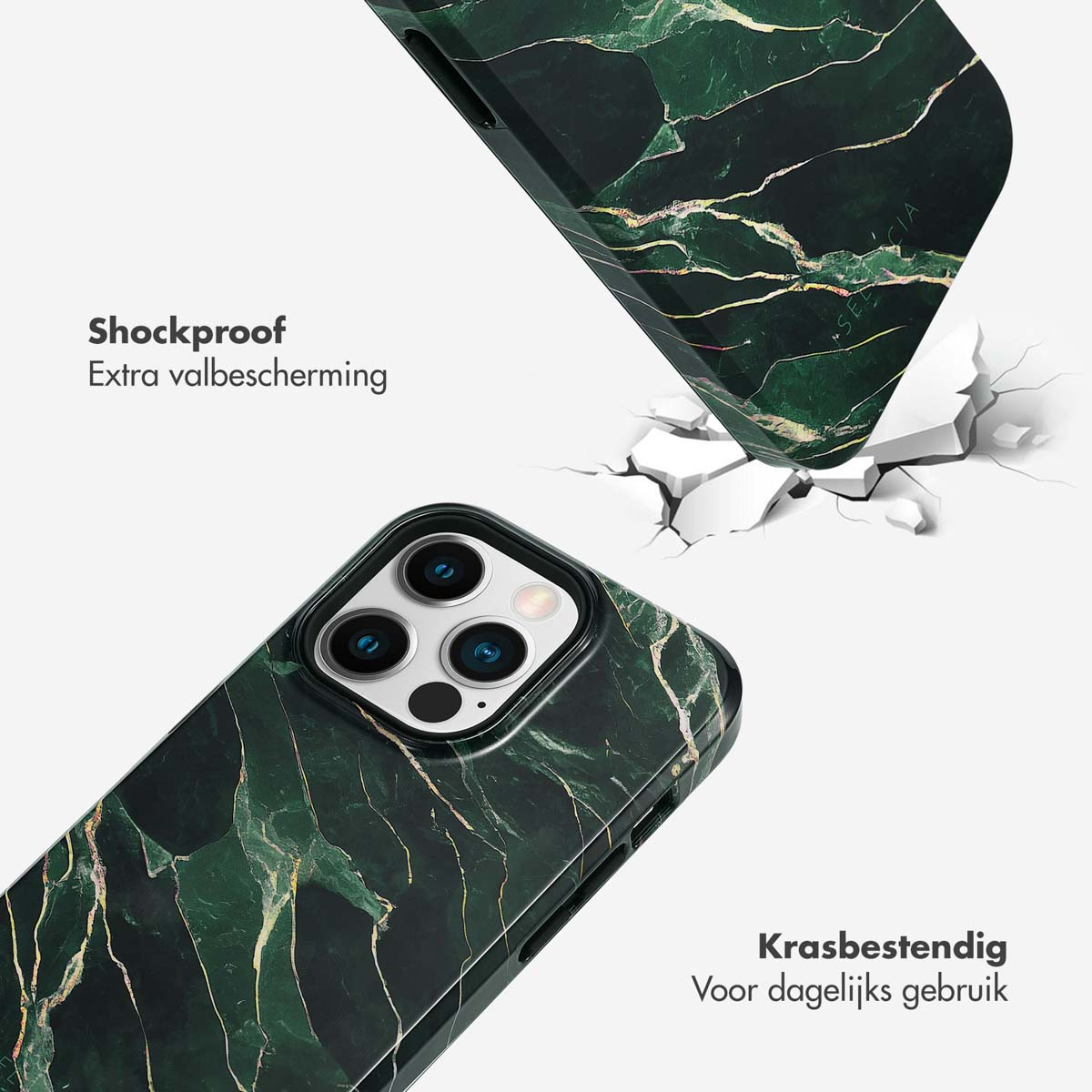 Téléphone avec coque marbre verte se brisant. Texte 'Antichoc' et 'Résistant aux rayures'.