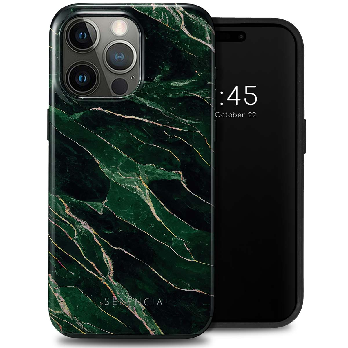 Telefoonhoesje met donkergroen marmer design. De telefoon toont de tijd: 10:45, 22 oktober. Witte achtergrond.
