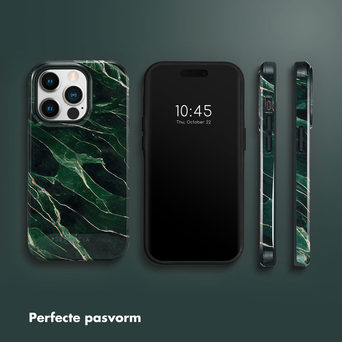 Coque de téléphone en marbre vert et téléphone. Le téléphone affiche 10h45.