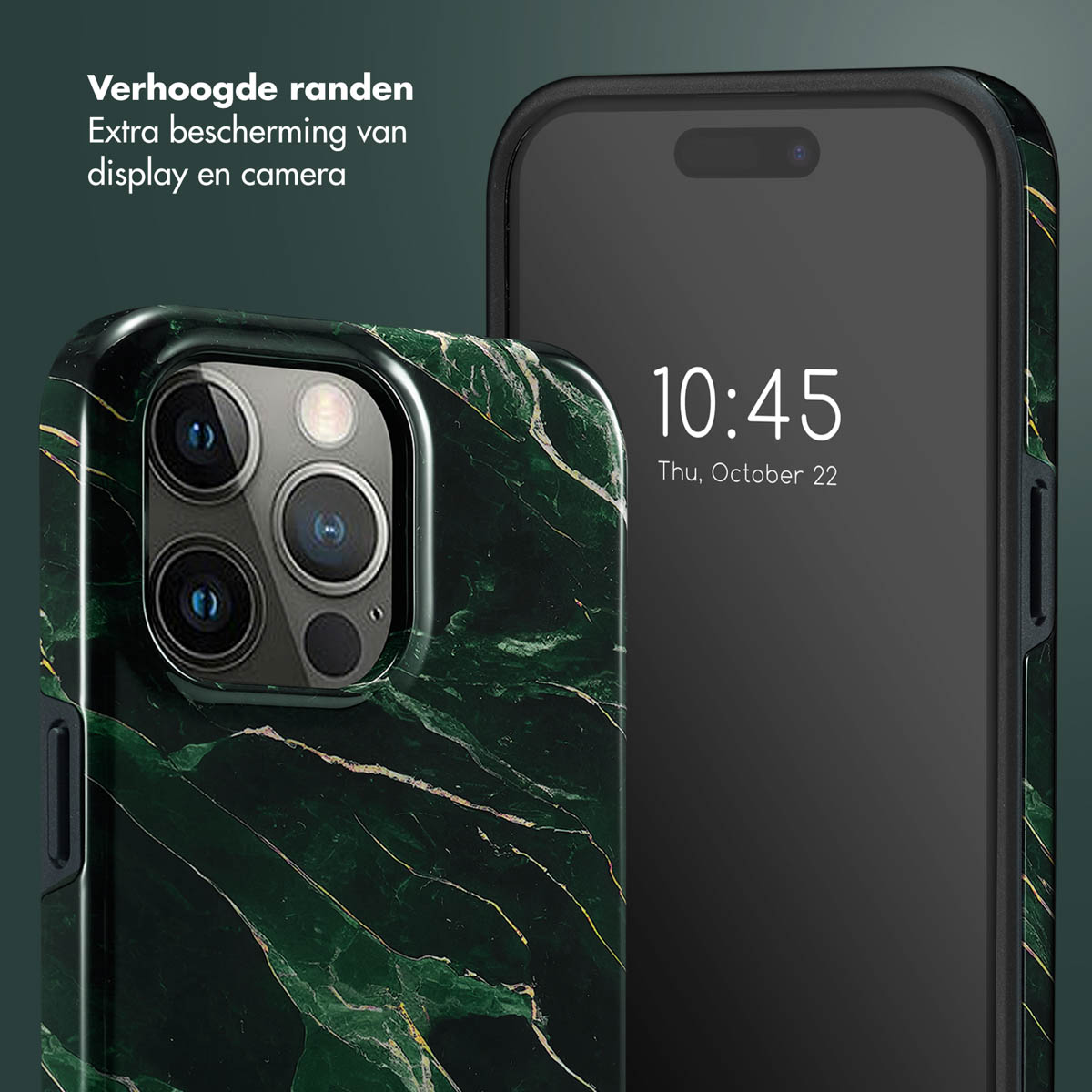 Telefoonhoesje met een groen marmerontwerp. De telefoon toont 10:45 en do, 22 oktober.