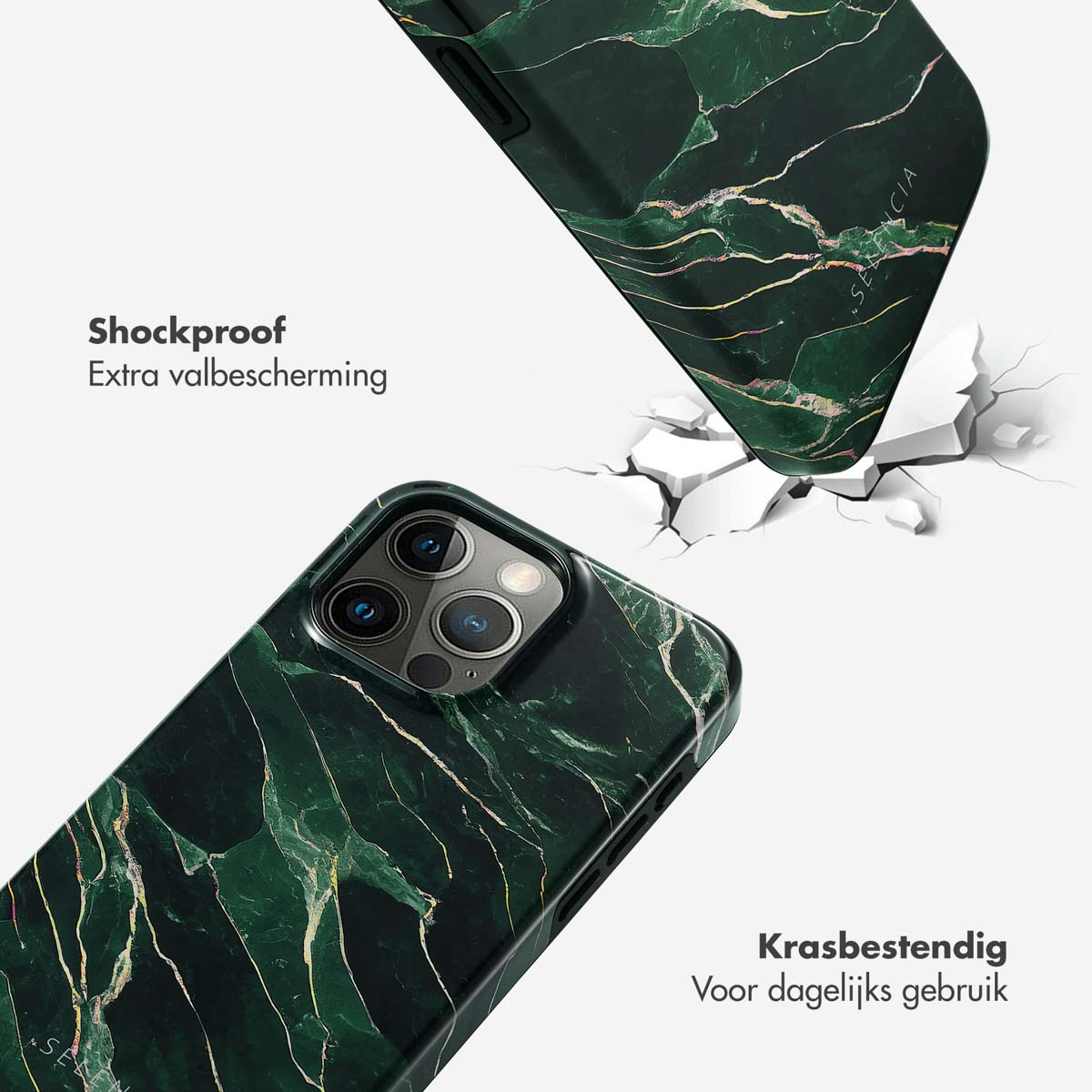Twee telefoonhoesjes met een groen marmer ontwerp. Eén valt en barst een oppervlak. Tekst: Schokbestendig en Krasbestendig.