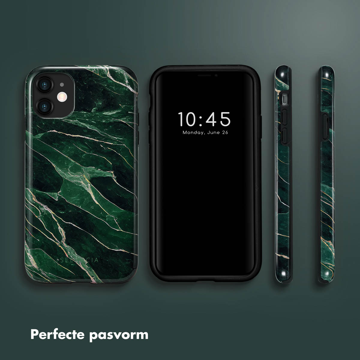 Téléphone dans un étui en marbre vert avec trois vues. Texte : Ajustement parfait.