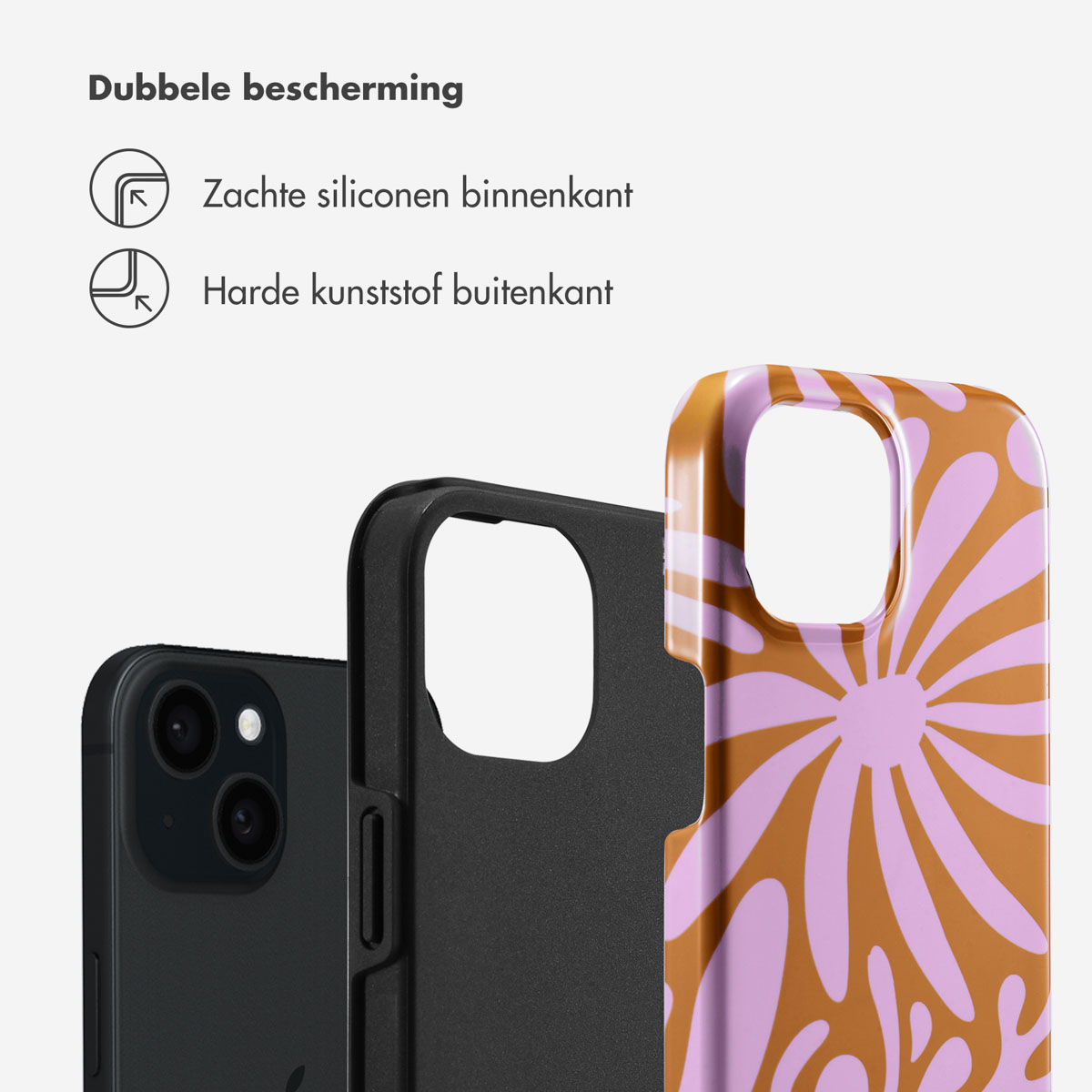 Deux coques de téléphone : une noire et une à motif floral rose et marron.