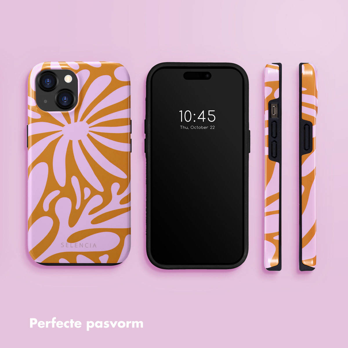 Téléphone avec étui, vues latérales. Étui à motif floral à gauche, téléphone noir au centre, fond rose.