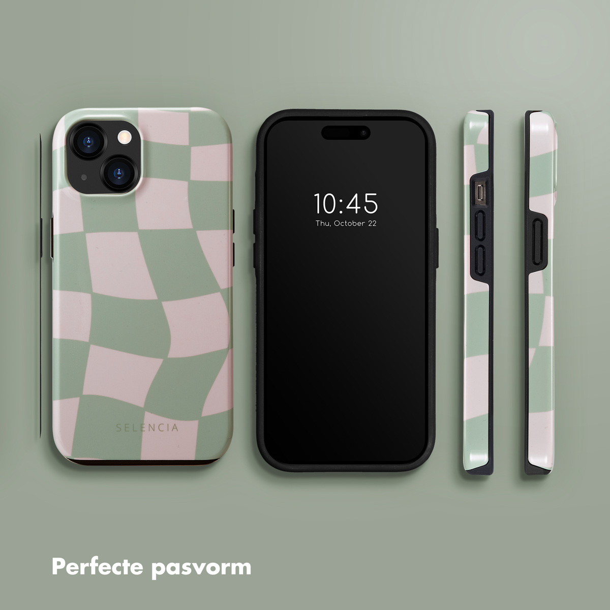Un téléphone avec une coque à carreaux verts et roses est affiché avec deux vues latérales. L'écran affiche l'heure et la date.