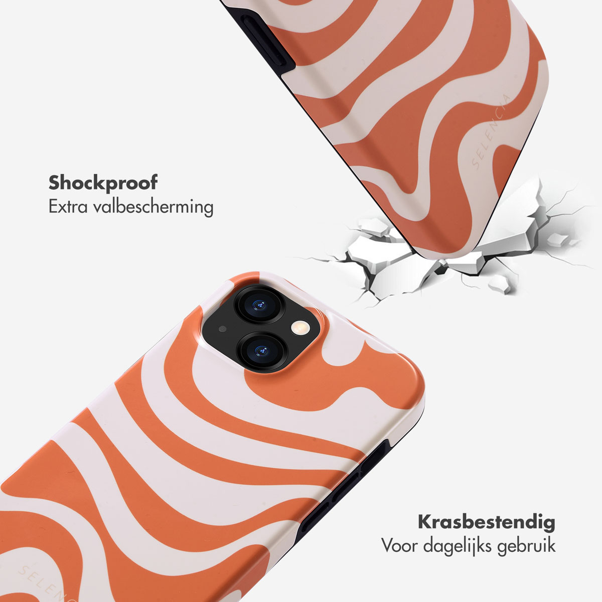Deux coques de téléphone avec un design ondulé orange et blanc. Une coque tombe, l'autre est au sol avec du texte et un effet de fissure.