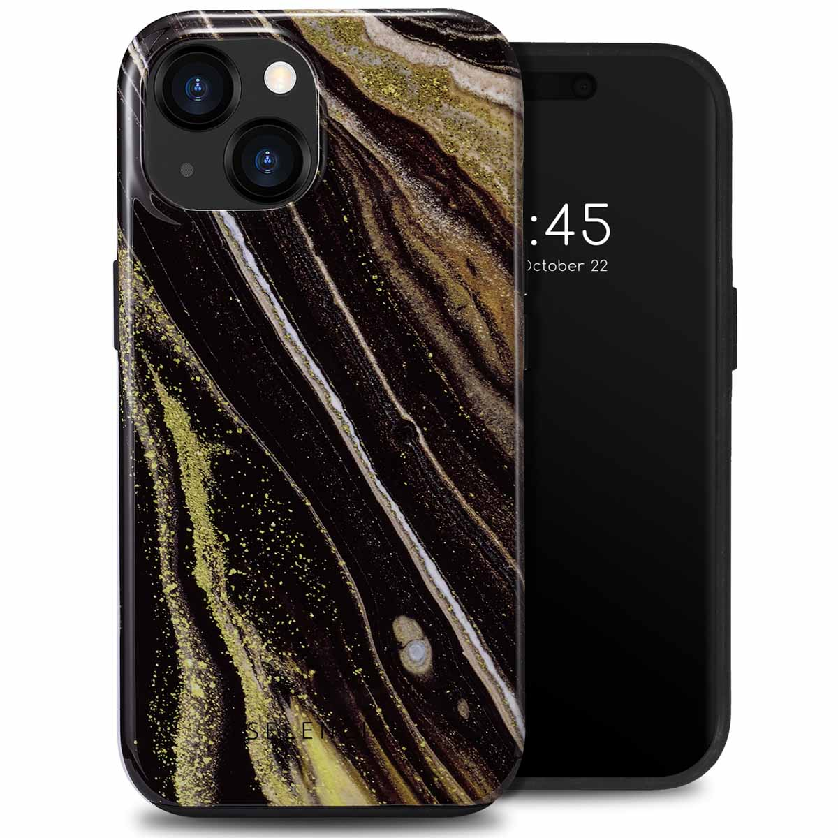 Coque de téléphone en marbre noir et or à côté d'un téléphone affichant l'heure. La coque a un motif tourbillonnant.