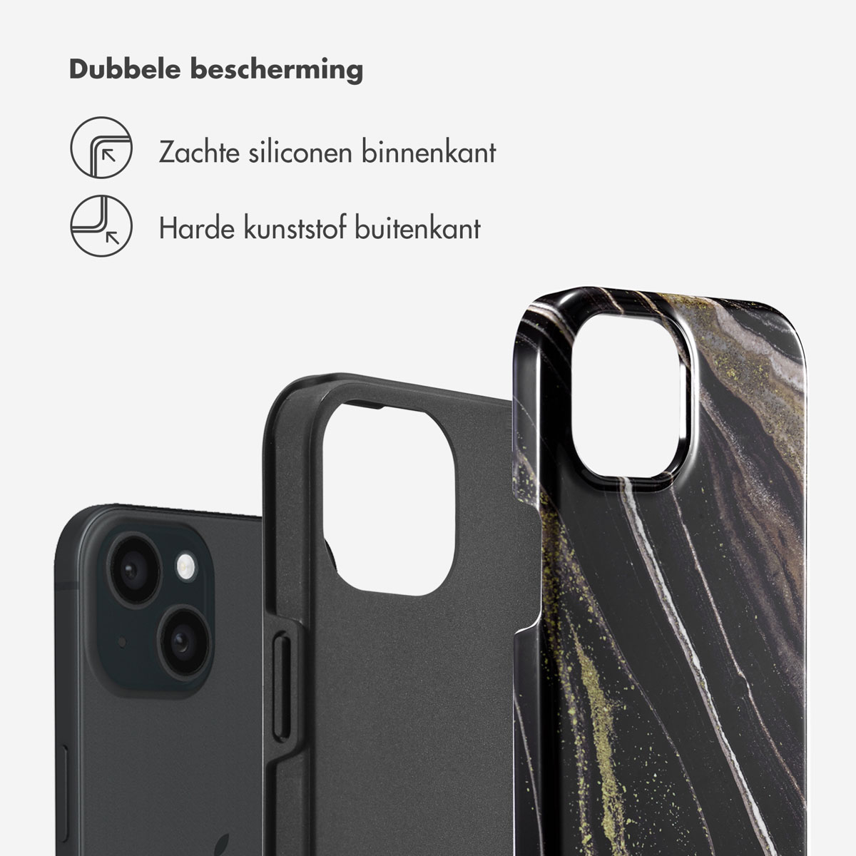 Vue éclatée de la coque, montrant silicone souple interne et plastique dur externe pour la protection.