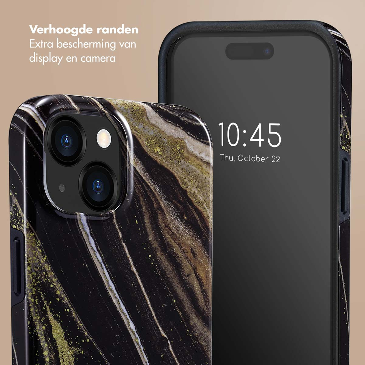 Coque de téléphone noire et or sur un téléphone. L'écran affiche l'heure et la date.