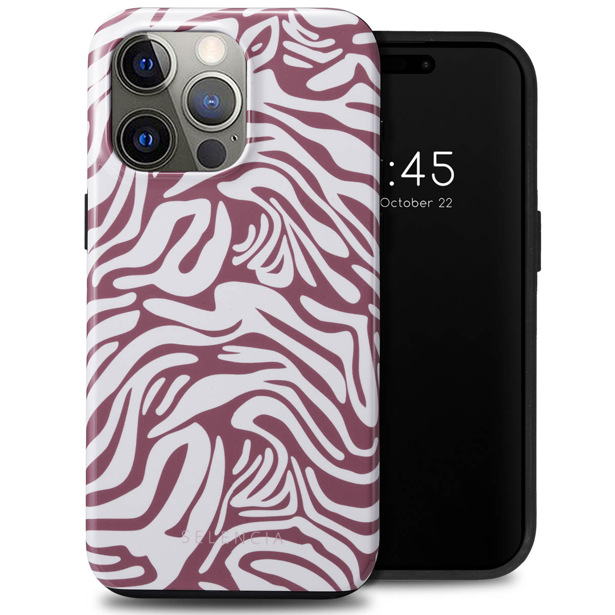 Een telefoon met een patroonhoes, zebra-achtige strepen in wit en bordeaux. Het scherm toont tijd en datum.