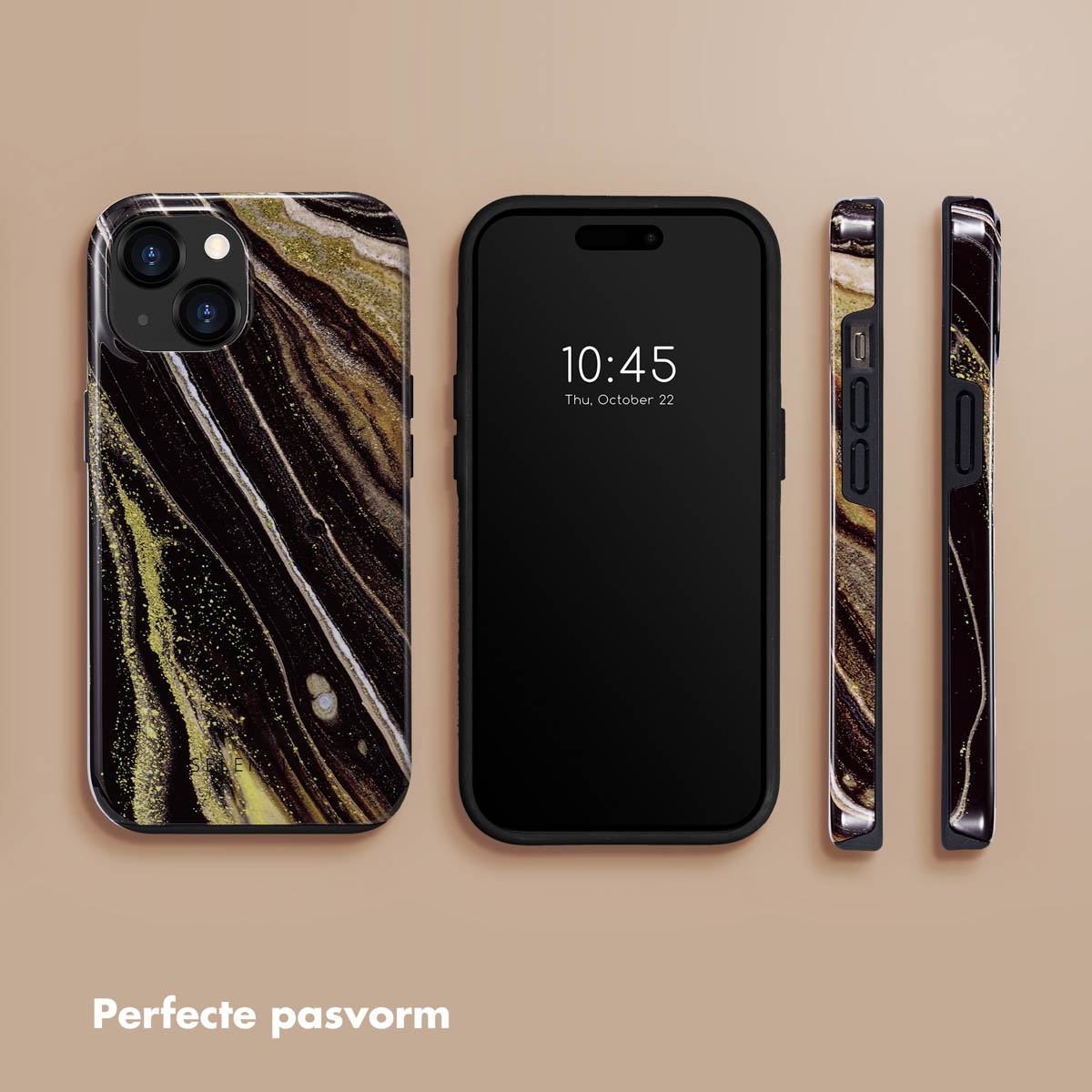 Téléphone avec étui effet marbre. Heure 10h45, jeudi 22 octobre. Vues latérales de l'étui.