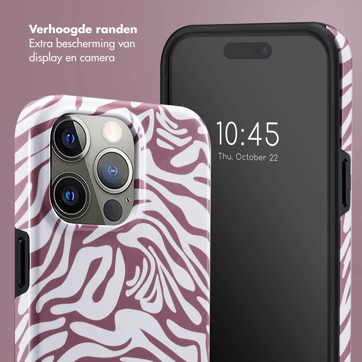 Twee smartphones. Eén toont de tijd als 10:45. Beide hebben beschermhoesjes met een zebra-achtig patroon in wit en bordeaux.
