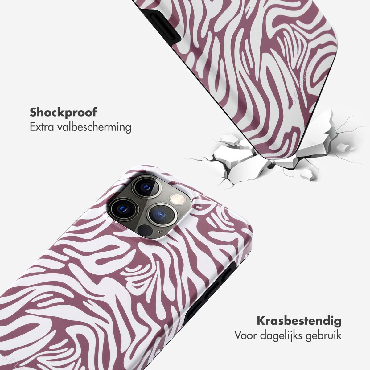Telefoonhoesje met zebrapatroon. De hoes valt, waardoor er scheuren ontstaan. De tekst luidt 'Schokbestendig' en 'Krasbestendig'.
