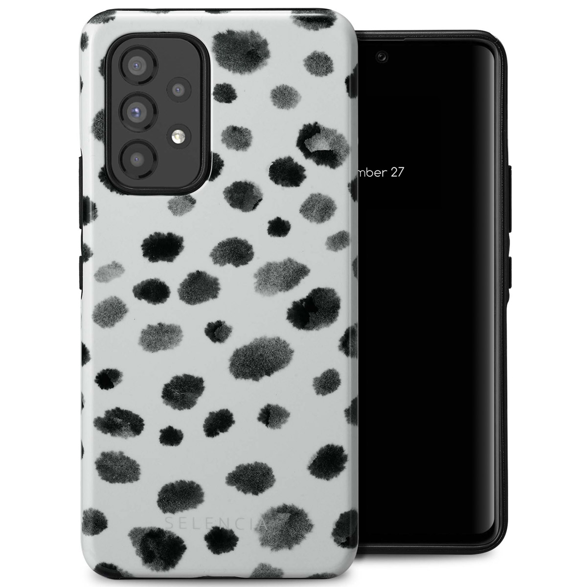 Téléphone avec coque blanche, motif à pois noirs, écran de téléphone noir. Fond blanc.