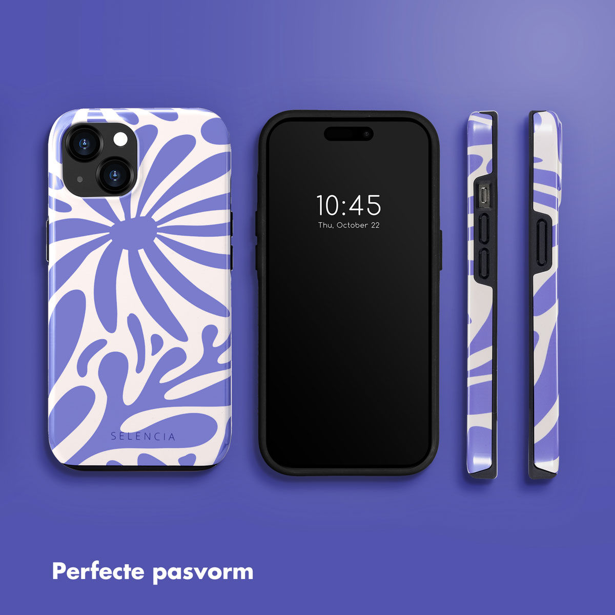 Téléphone dans un étui noir, avec un étui floral bleu. L'étui est sur fond violet.