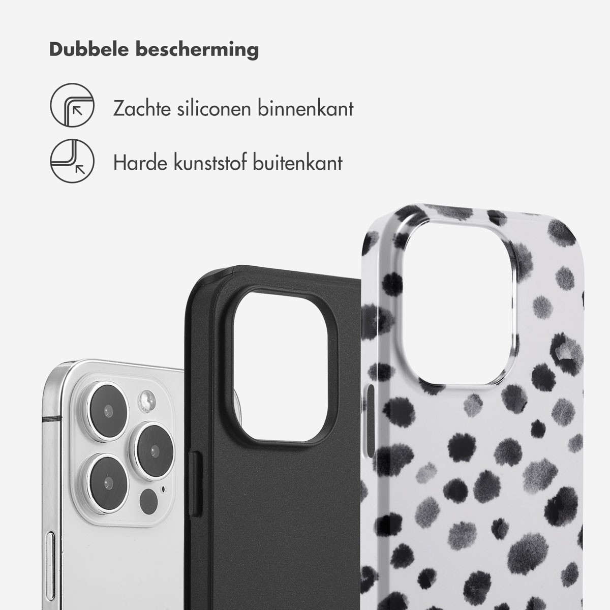 Telefooncase-onderdelen: zwarte binnenkant, zwarte middenkant en wit-zwarte stippenprint buitenkant. Tekst: Dubbele bescherming.
