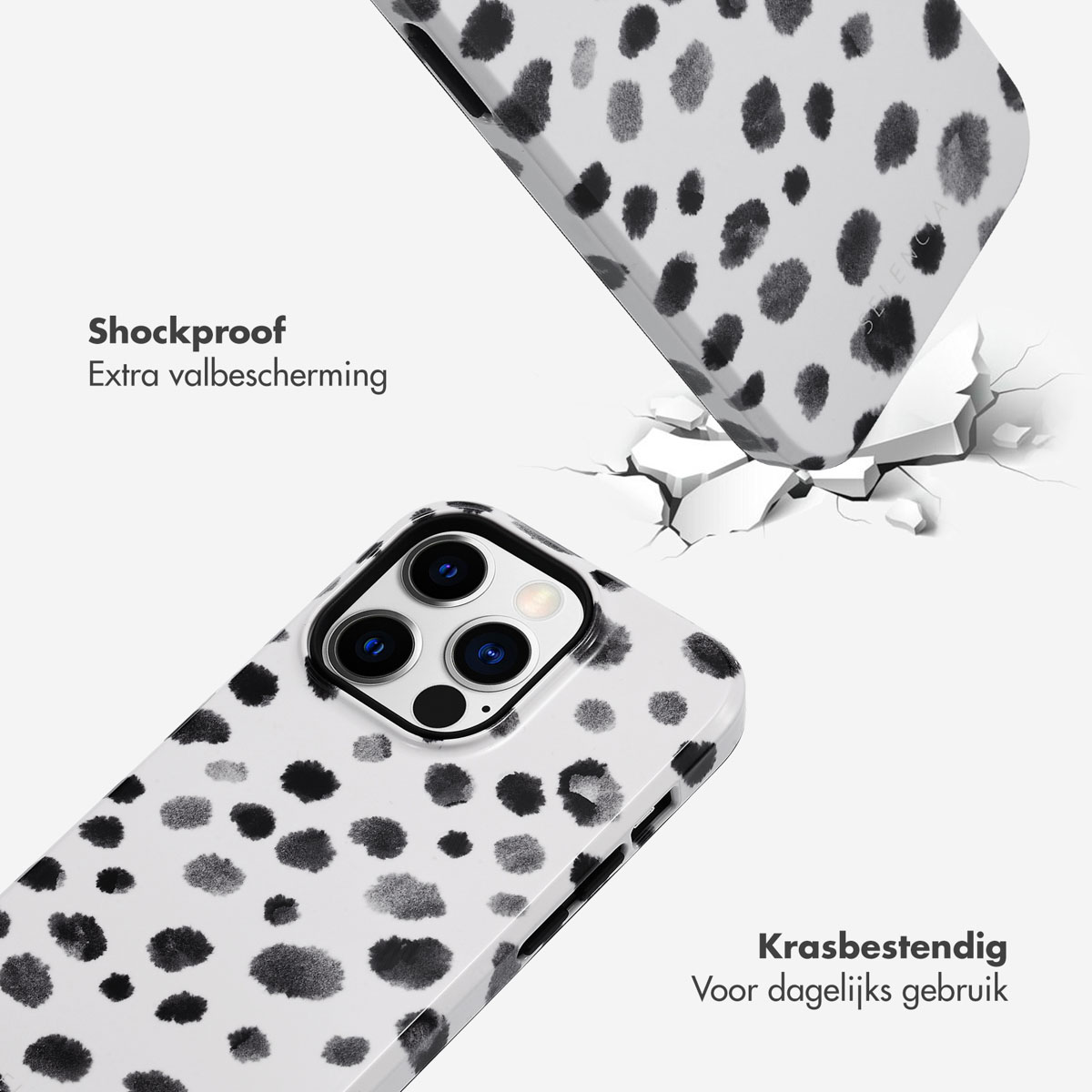 Zwart-witte telefoonhoes met stippen met een telefoonhoes die scheurt. Telefoonhoesje getoond vanuit meerdere hoeken.