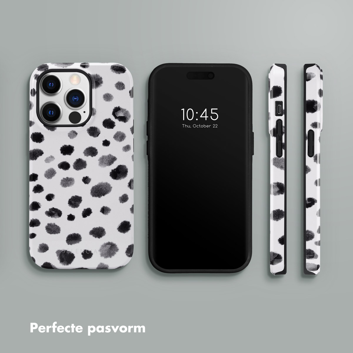 Witte telefoonhoes met zwarte stippen. Zwarte telefoon met een zichtbaar scherm rechts.