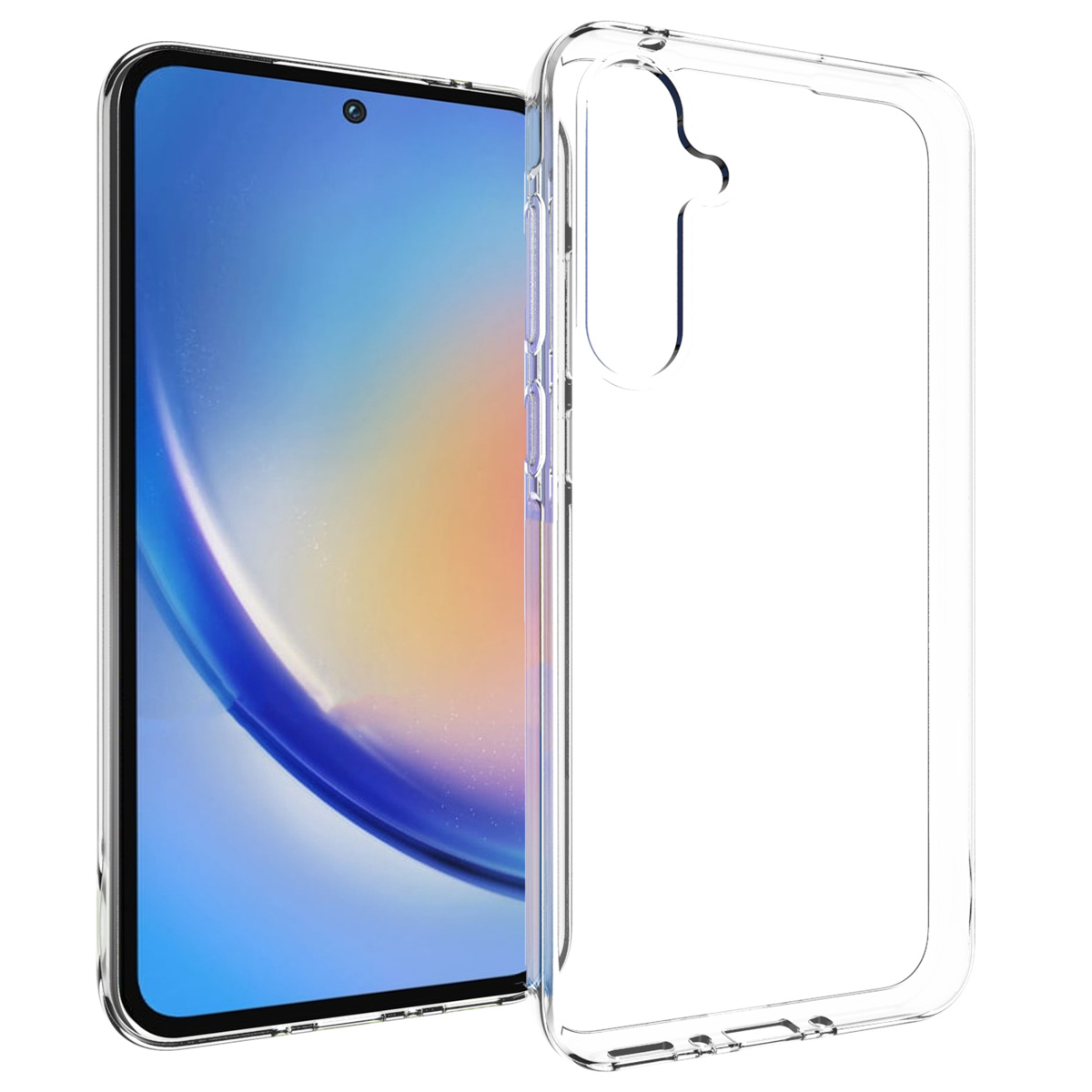 Coque transparente à côté d'un téléphone à écran bleu, montrant la transparence de la coque.