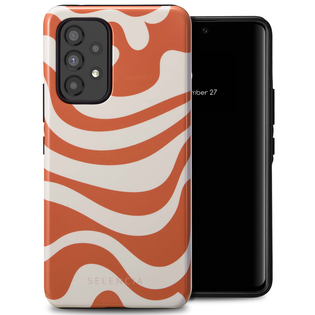 Un téléphone et sa coque avec un motif ondulé rouge et blanc. Le logo Selencia est en bas.