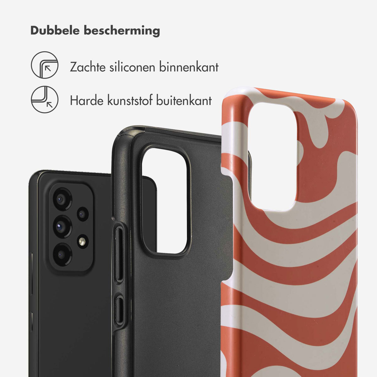 Coque de téléphone avec un motif ondulé rouge et blanc, et un téléphone noir. Le texte indique double protection.