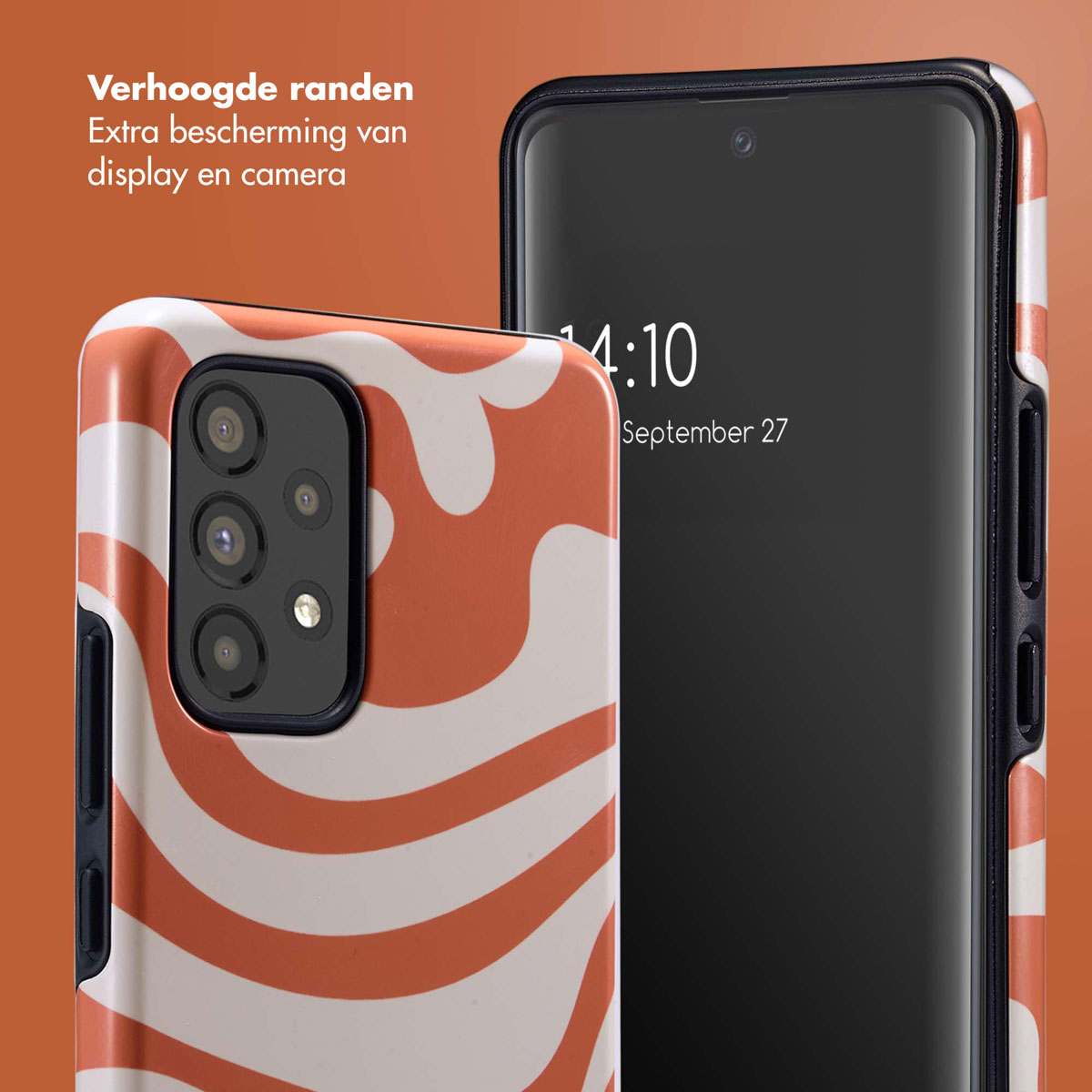 Coque de téléphone avec un design blanc et orange. Le téléphone affiche l'heure et la date: 14:10, 27 septembre.