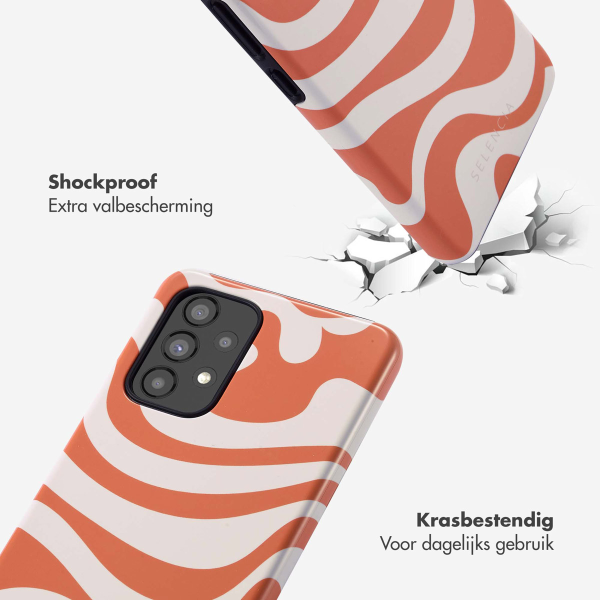 Coque de téléphone orange avec des vagues blanches. La coque tombe, des fissures se forment. Fond blanc et texte.