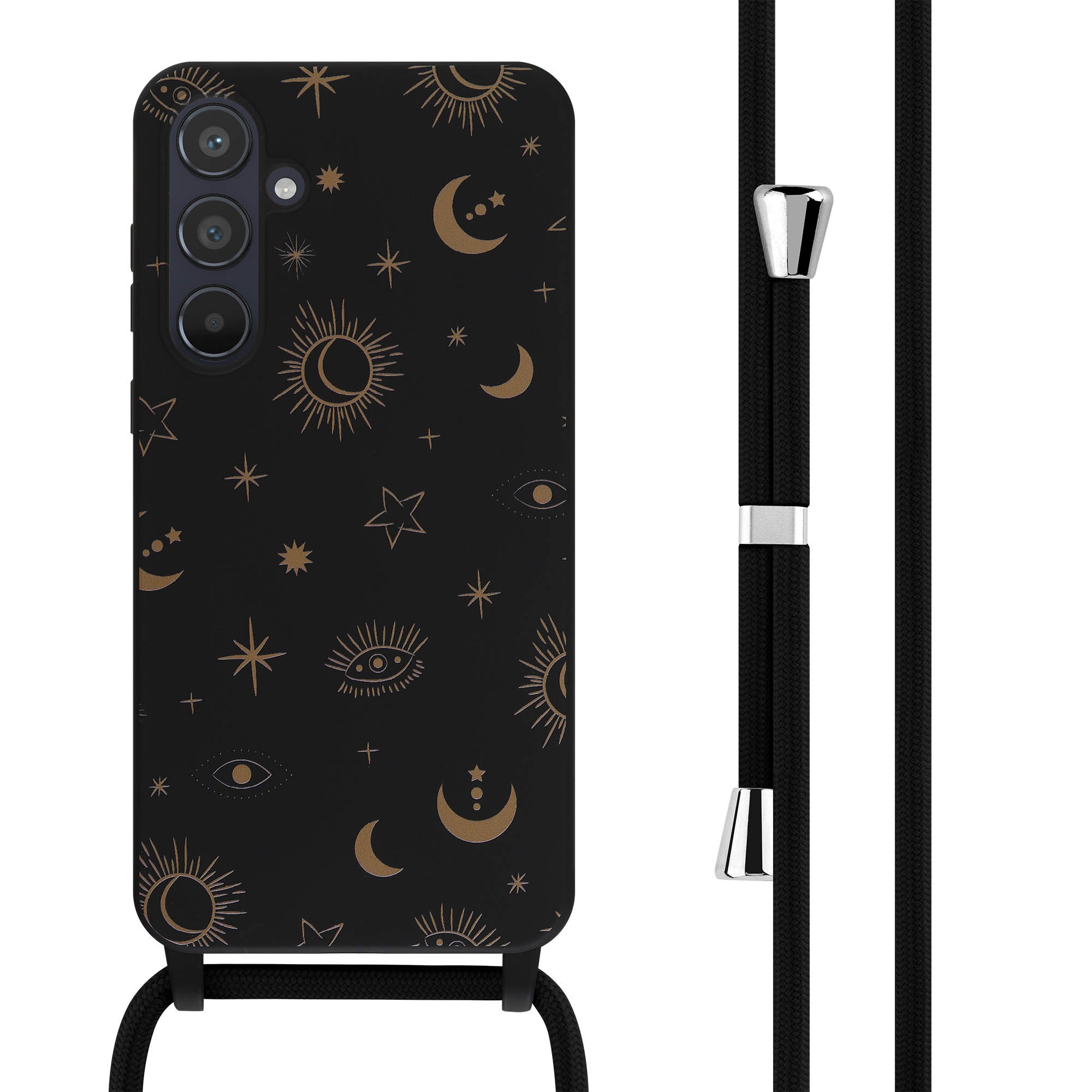 Coque de téléphone noire avec motif céleste doré et cordon noir. Fond blanc.