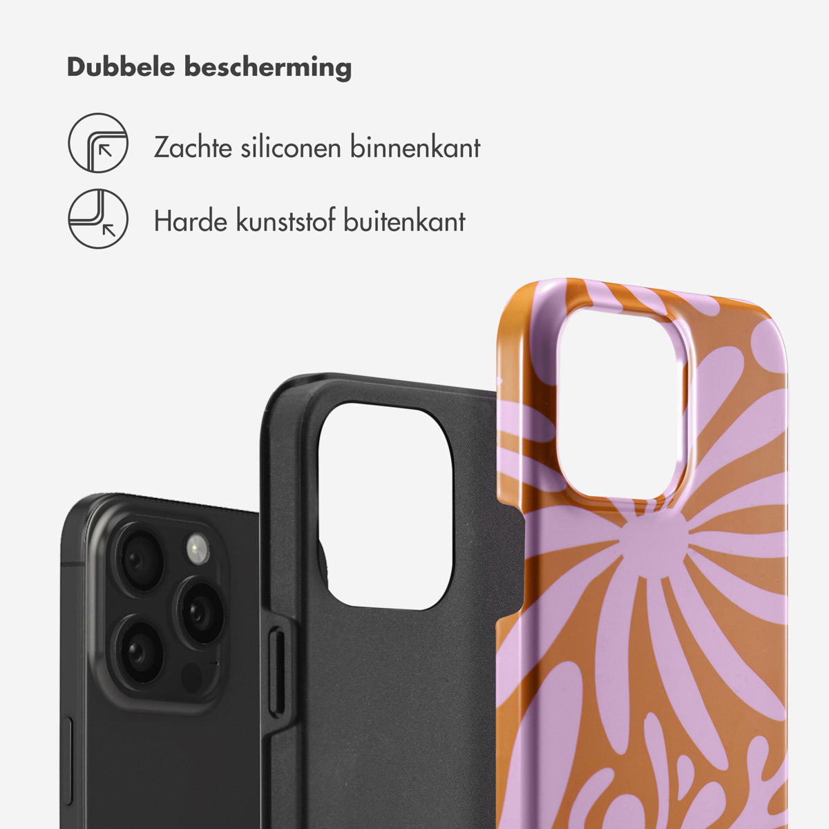 Drie iPhone-hoesjes: een zwarte, een zwarte beschermhoes en een met bloemenpatroon.