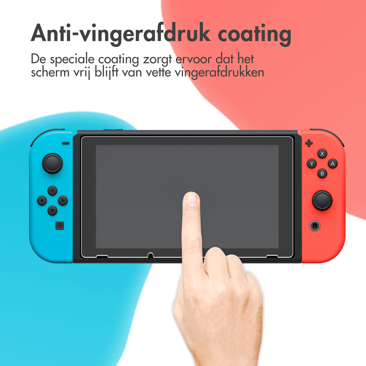 Nintendo Switch con rivestimento anti-impronta. Un dito tocca lo schermo.