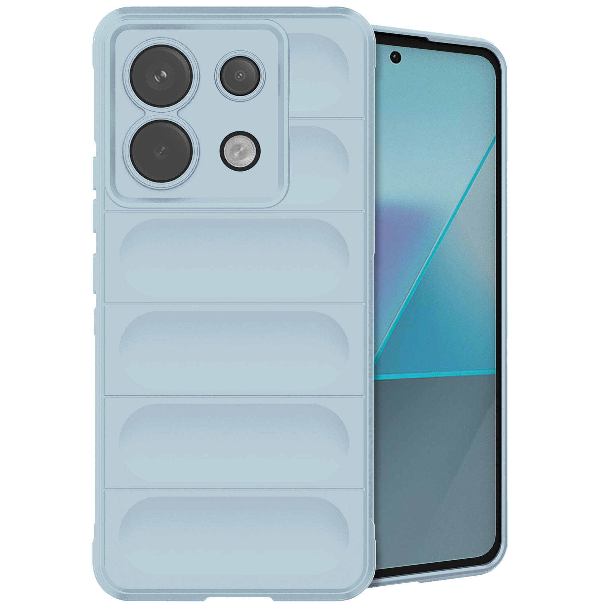 Blauwe telefoonhoes met een gestructureerd ontwerp. Telefoonhoesje getoond vanuit meerdere hoeken.