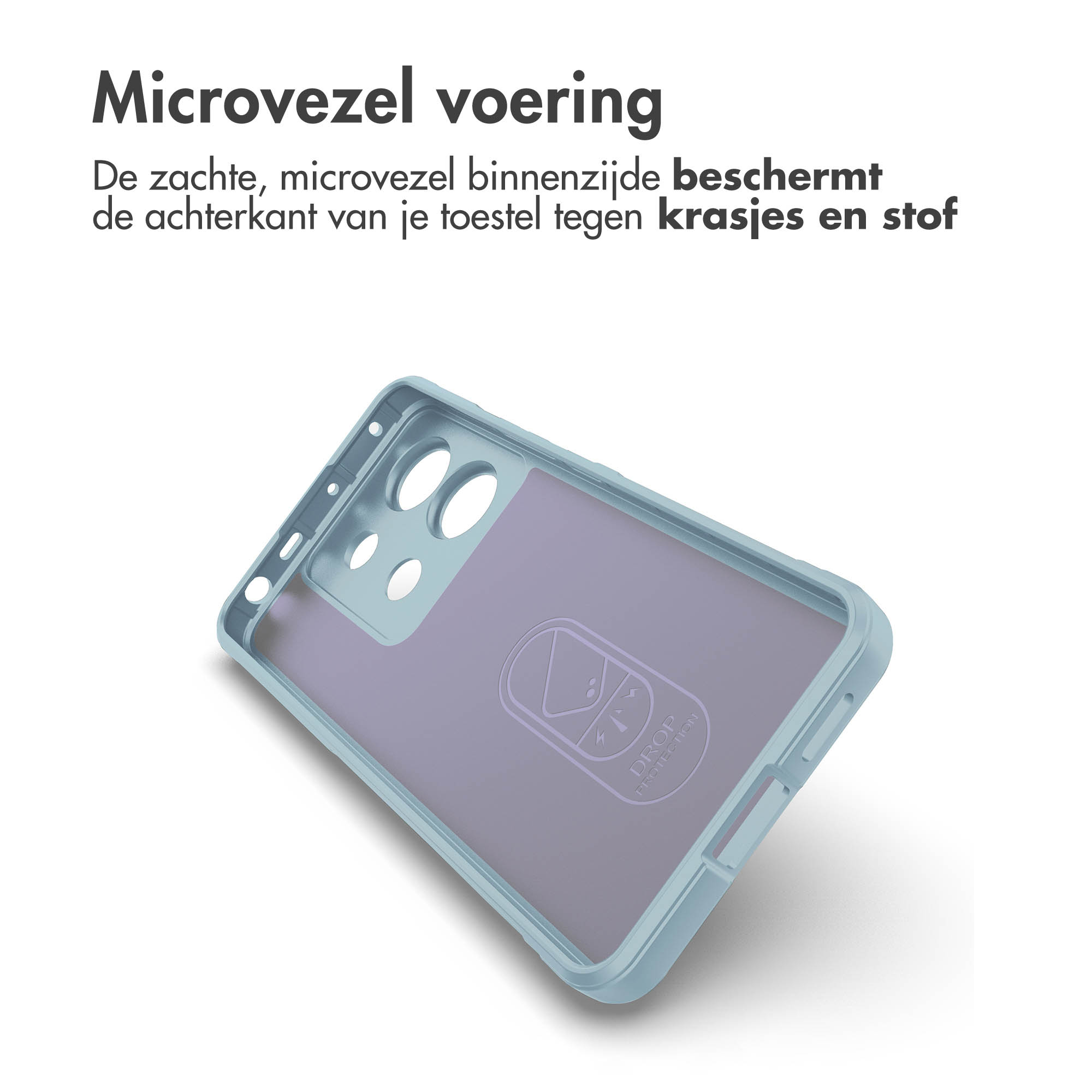 Een lichtblauwe telefoonhoes met een telefoon erin. De hoes heeft een transparante achterkant.