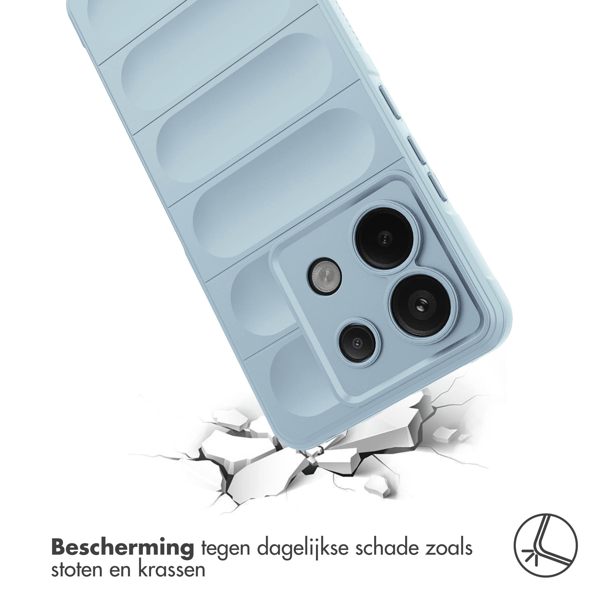 Een lichtblauwe telefoonhoes, gekanteld, met scheuren eronder. De tekst onderaan zegt: Bescherming tegen schade.