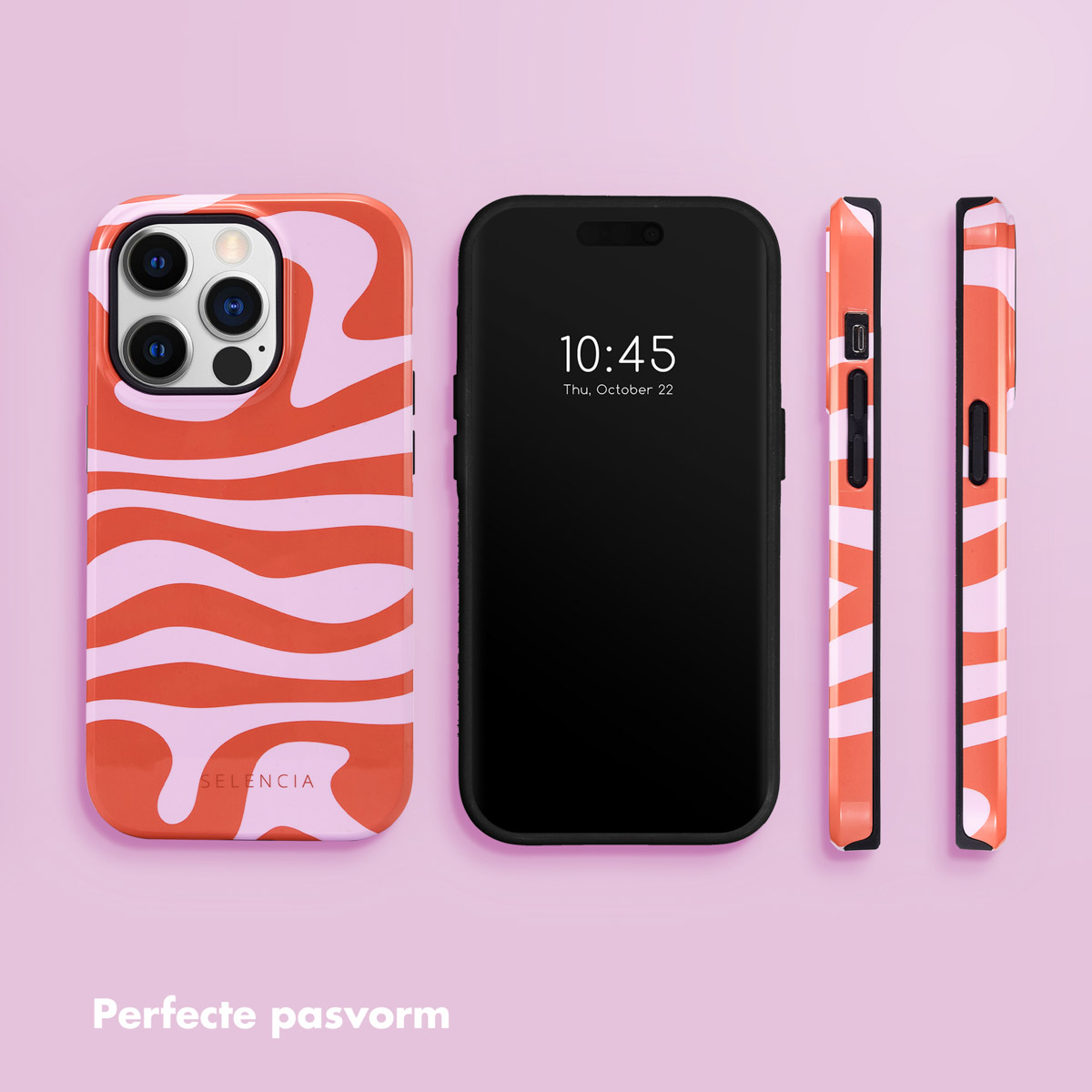 Telefoonhoesje met oranje-roze swirl patroon naast een smartphone. Perfecte pasvorm.