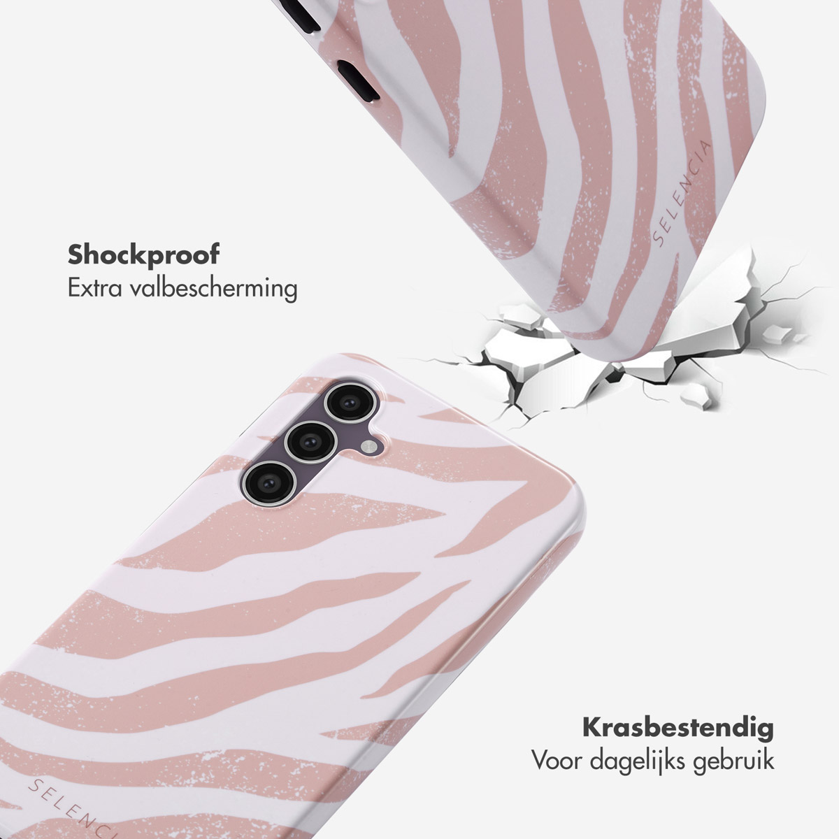 Coques de téléphone avec motif zébré rose, une tombant, une au sol.